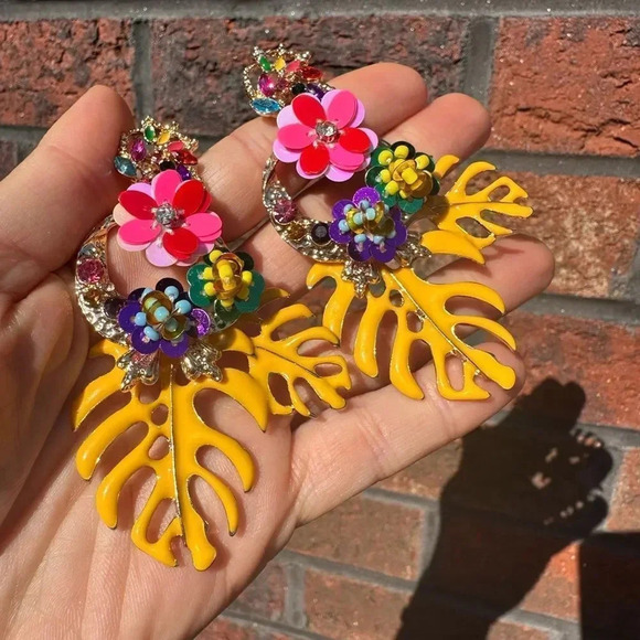 Zara Rio Tropical Monstera Orange Leaves Drop Earrings - Picture 6 of 8